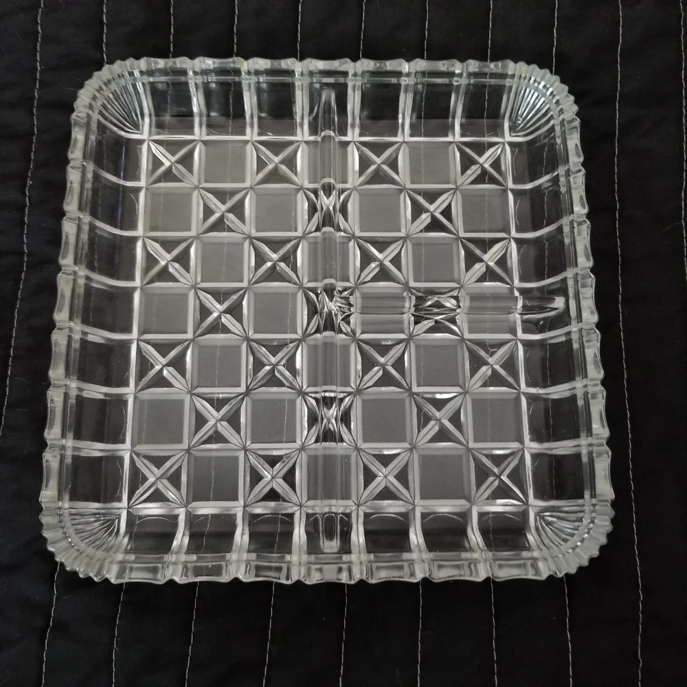 VTG Art Deco Indiana Glass Cut Glass #267 Square Block & Star 3-section Dish
